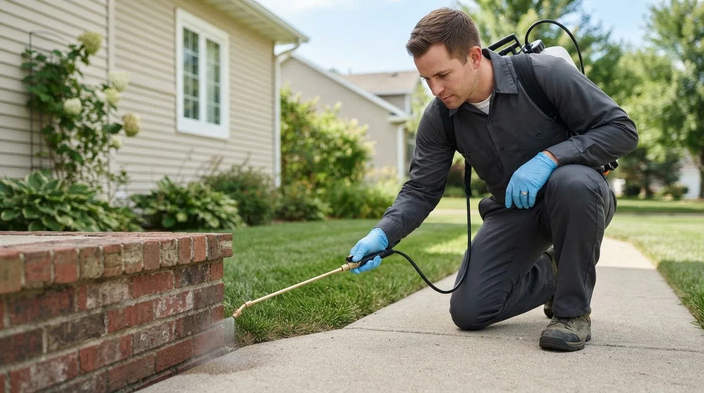 Pest control technician treating a home near Galva, IA