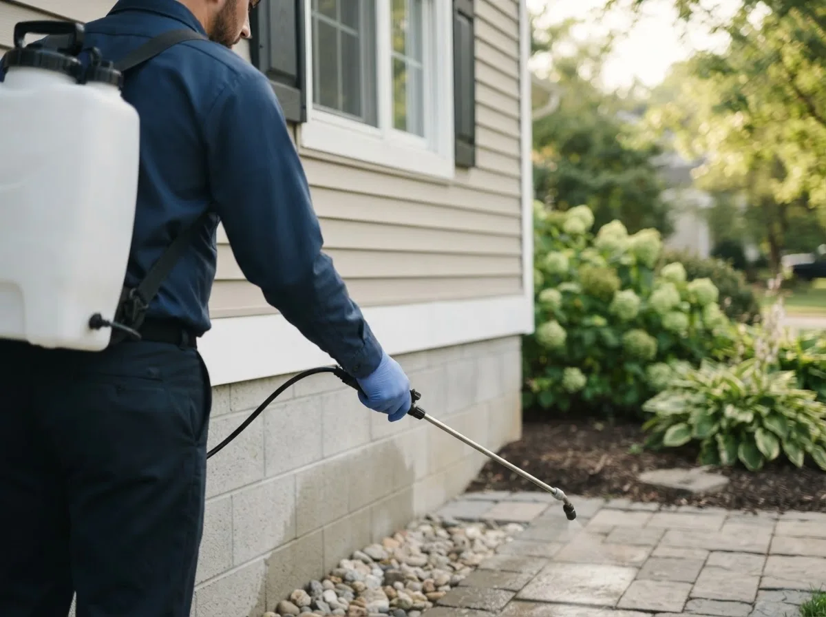 Pest control technician inspecting a home in Galva, IA